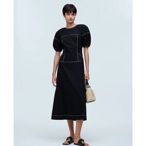 NWT Madewell Puff-Sleeve Drop-Waist Midi Dress In Black Size 2